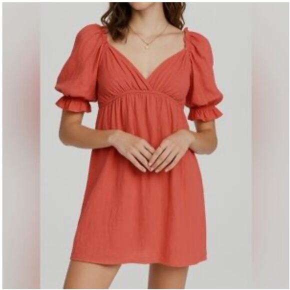 Billabong Perfect Paradise Coral/Terracotta Babydoll Puff Sleeve Dress Size L - Picture 12 of 12